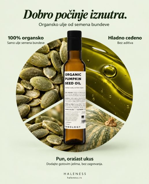 Male navike, velika razlika. 🌿

Samo nekoliko kapi organskog ulja od semenki bundeve dovoljno je da najjednostavnije jelo dobije potpuno novu dimenziju ukusa.

Hladno ceđeno, 100% organsko, bogatog orašastog karaktera i bez nepotrebnih dodataka. Priroda u svom najčistijem, najukusnijem izdanju.

Otkrijte ga na haleness.rs. 💚