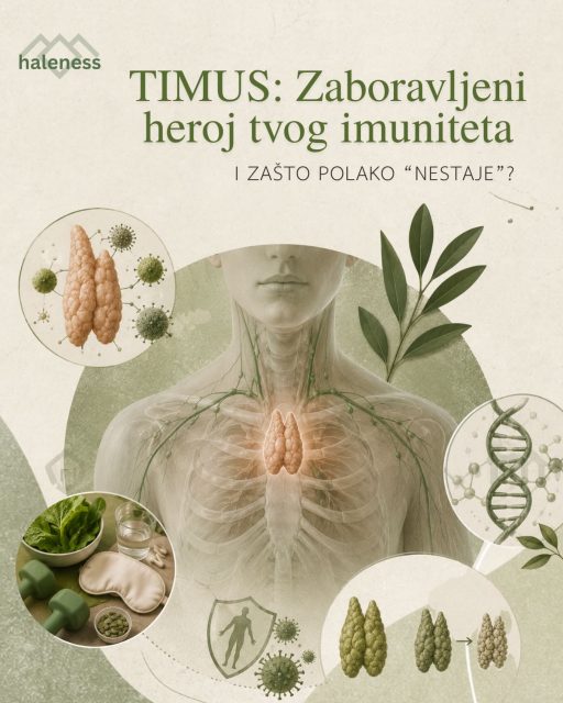 🛡️ Timus: zaboravljeni heroj tvog imuniteta (i zašto polako „nestaje“?)

Da li si znao/la da u tvojim grudima postoji žlezda koja radi kao najstroža vojna akademija? Upoznaj timus (grudnu žlezdu), organ koji je direktno odgovoran za tvoju otpornost na bolesti.

🔬 Šta timus zapravo radi?

Timus je mesto gde nastaju T ćelije (T limfociti). Slovo „T“ u njihovom imenu dolazi upravo od reči Timus. One su specijalne jedinice tvog imuniteta koje prepoznaju i uništavaju viruse, bakterije, pa čak i ćelije raka. Bez jakog timusa, odbrana organizma je praktično „slepa“.

📉 Problem koji donose godine: timusna involucija

Timus je najaktivniji dok smo deca. Međutim, nakon puberteta počinje postepeno da se smanjuje i njegovo tkivo se zamenjuje masnoćom. Ovaj proces naziva se timusna involucija.

• Do 50. godine većina ljudi izgubi veliki deo aktivnog tkiva timusa.
• To je jedan od razloga zašto imunitet slabi sa godinama i zašto postajemo podložniji hroničnim bolestima i upalama.

🌱 Možemo li nešto da preduzmemo?

Iako je ovaj proces prirodan, nauka o dugovečnosti istražuje načine da se timus „podmladi“ ili barem uspori njegovo propadanje.

Evo šta možeš da uradiš već danas:

1️⃣ Kontrola cinka
Cink je ključan za rad timusa. Njegov deficit može doprineti ubrzanom smanjenju ove žlezde.

2️⃣ Smanjenje stresa
Kortizol, hormon stresa, ima negativan uticaj na timus. Hronični stres može ubrzati njegovu involuciju.

3️⃣ Kvalitetan san i vitamin D
Osnovni stubovi koji podržavaju regeneraciju i pravilno funkcionisanje imunih ćelija.

4️⃣ Budućnost i naučna istraživanja
Naučnici trenutno istražuju terapije koje bi mogle da regenerišu timus, uključujući specifične peptide i hormonske protokole. Iako prvi rezultati bude optimizam, ove metode su još uvek u fazi ispitivanja i zahtevaju dodatne potvrde pre nego što postanu deo standardne prakse.

✨ Zaključak

Tvoj imunitet nije nešto što treba uzimati zdravo za gotovo. Briga o timusu je zapravo briga o tvojoj budućnosti, otpornosti i vitalnosti u zrelijim godinama.

Da li si ranije čuo/la za timusnu involuciju ili ti je ovo potpuno nova informacija? 👇